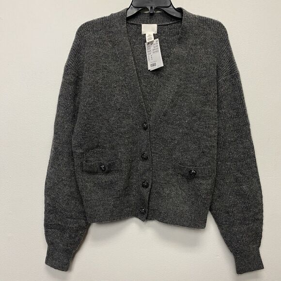 H&M Grey Wool Blend Button Up Cardigan V Neck Dark Academia Fall Spring - Picture 1 of 10